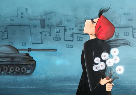 Ilustració, una dona amb un ram de flors front un tanc.